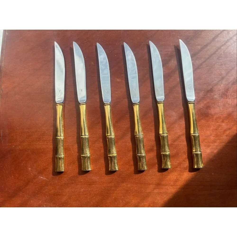 Towle Golden Bamboo Electroplated Steak Knives Set of 6 Stainless 8 1/2”